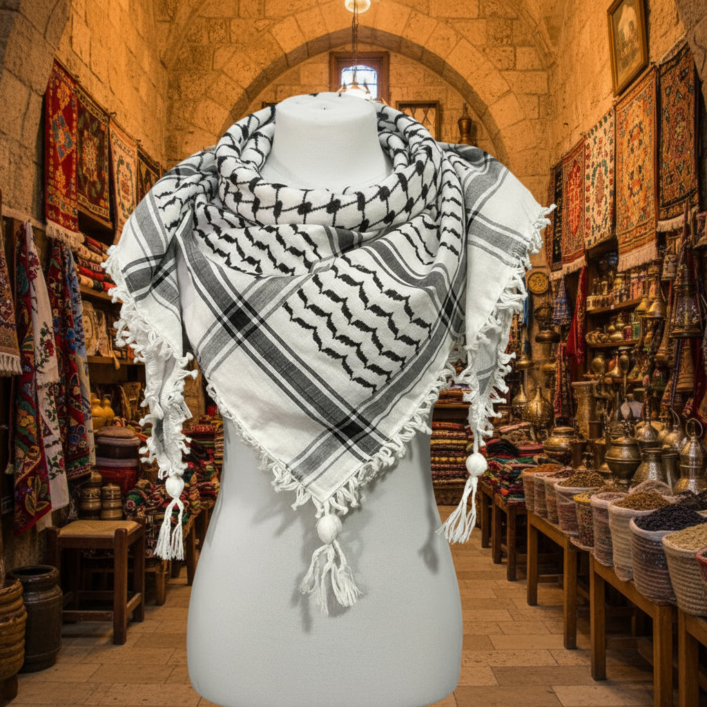 Black and white patterned scarf with tassels on a mannequin against a black background
